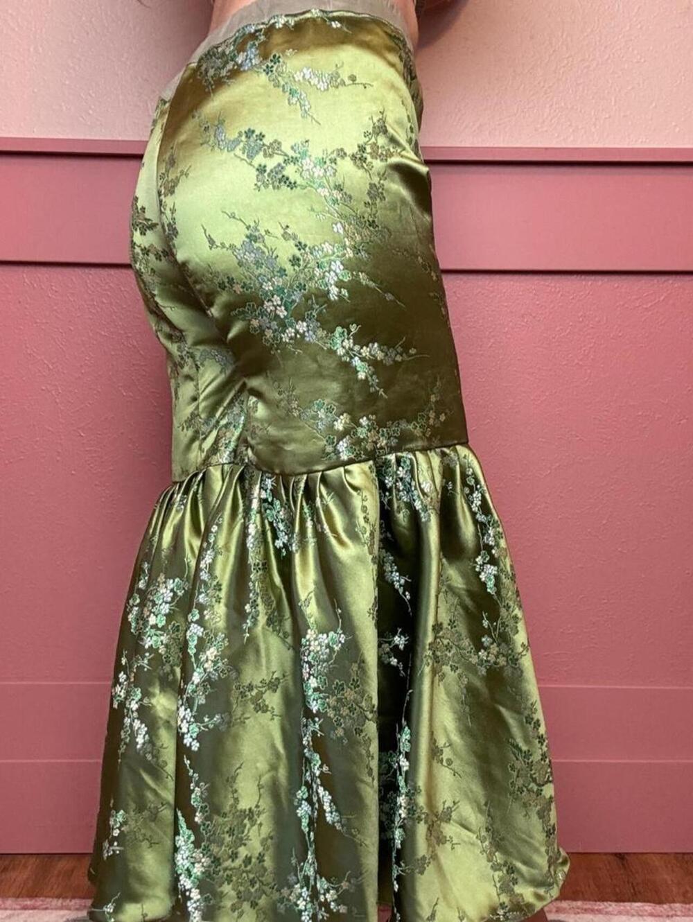 satin green bell bottom pants hand made floral ren fair medieval unique